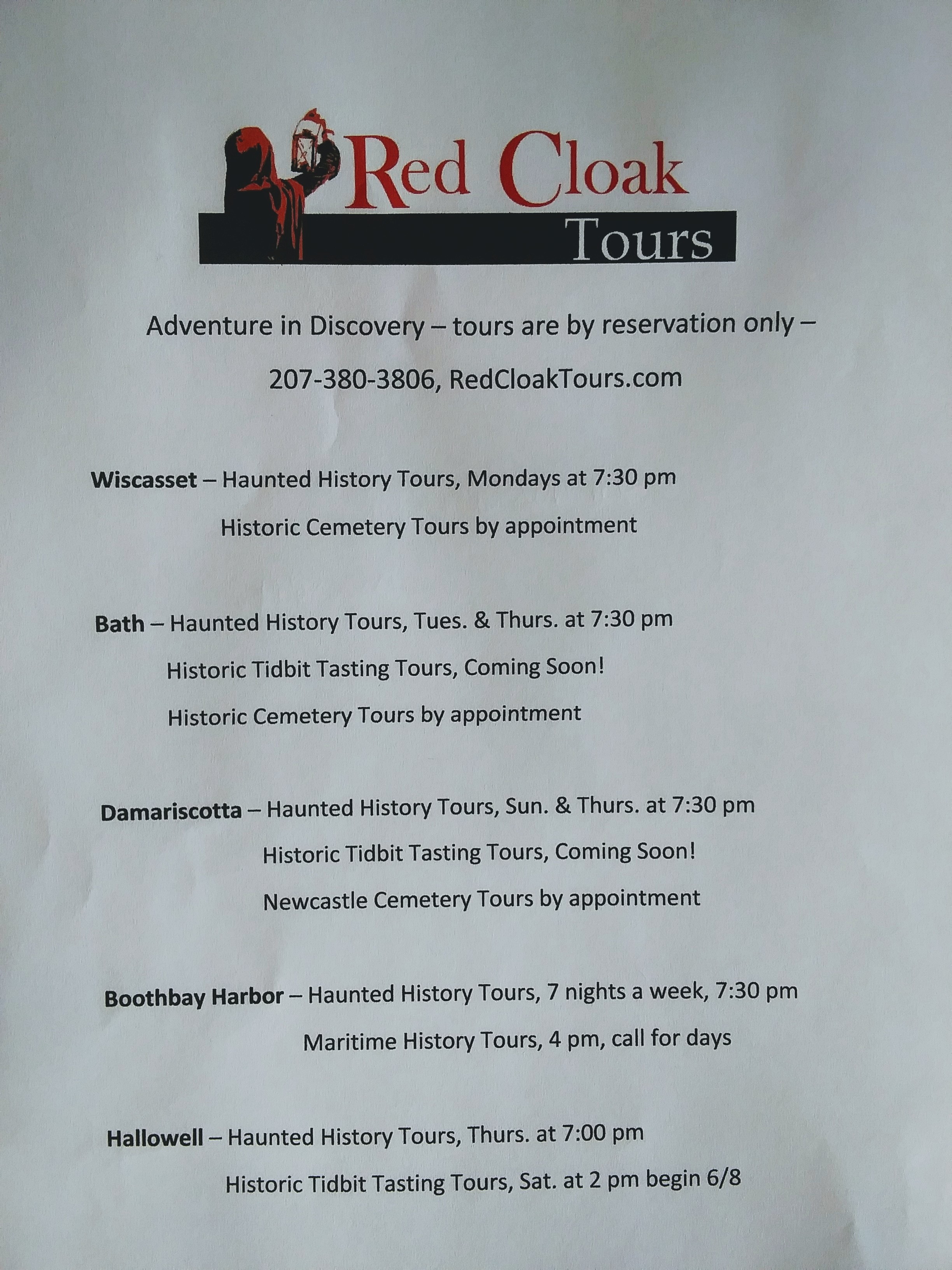 Schedule of Redcloak Tours Walking Tours in Midcoast Maine. 